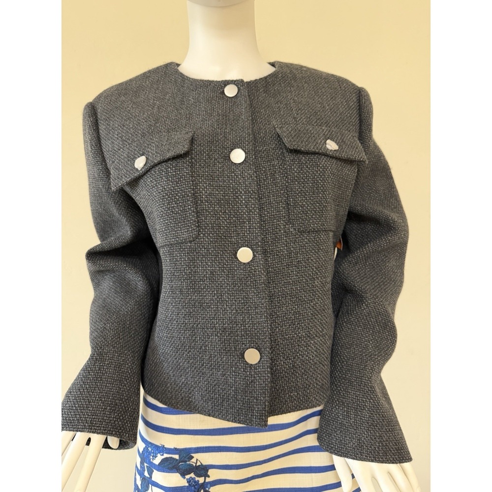 NWT Theory Women's Charcoal Melange Button Pocket Short Long‎ Sleeve Jkt Size 14